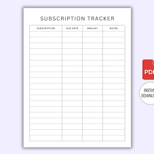 Monatliches Abonnement Checkliste zum ausdrucken, Abonnement Tracker Log, Mitgliederverfolgung, Ausgabenplaner, Account Tracker Sofortiger Download