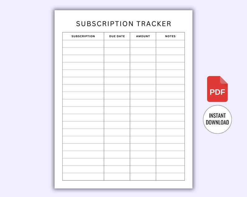 Printable Subscription Tracker Log. Membership Tracking. Monthly ...