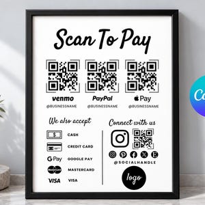 Puede incluir: Un letrero con marco negro y fondo blanco que presenta el texto Scan To Pay, tres códigos QR para Venmo, PayPal y Apple Pay, y una lista de métodos de pago aceptados que incluyen Cash, Credit Card, Google Pay, Mastercard, Visa e iconos sociales.