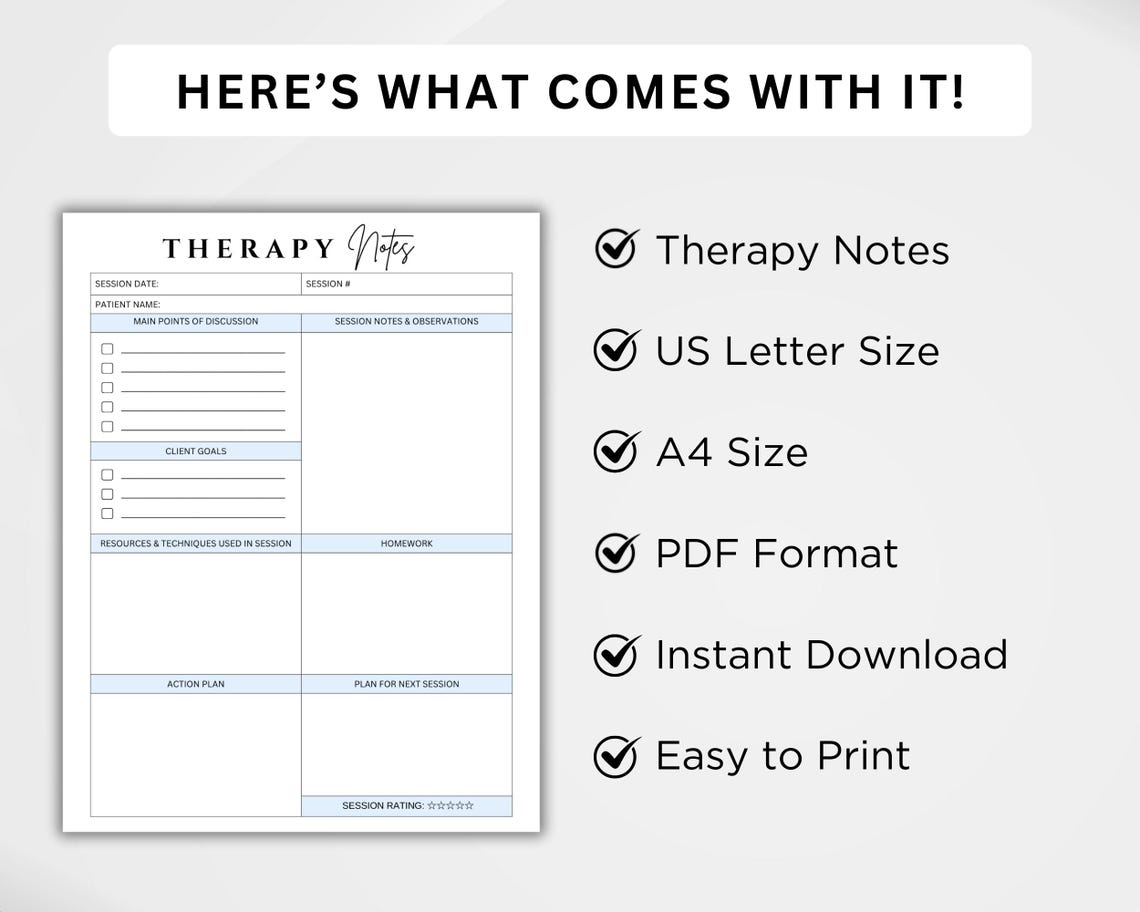 Therapy Session Notes Template Printable, Therapist & Psychologist ...