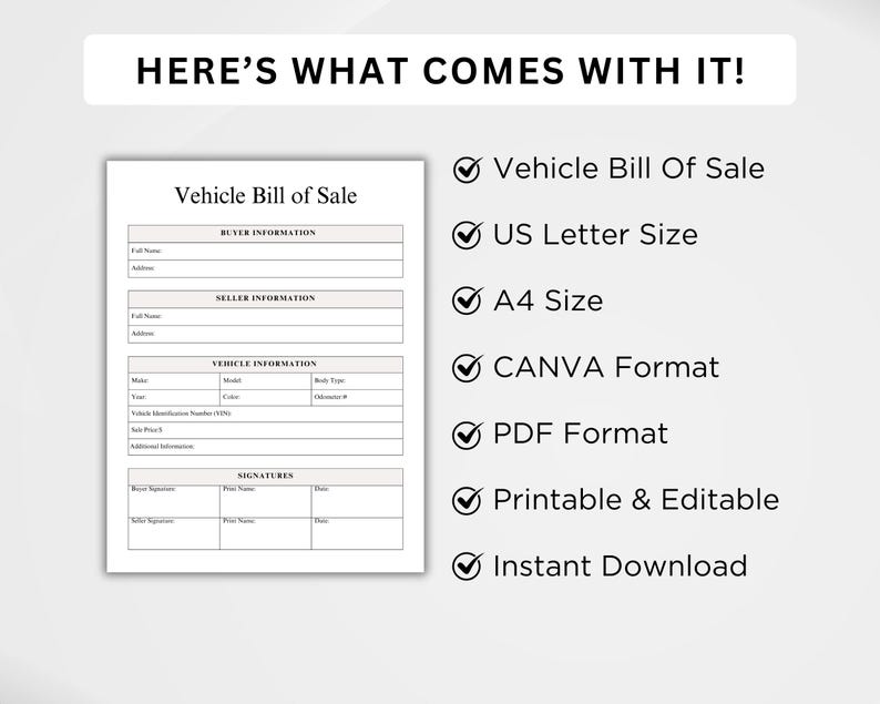 Editable Vehicle Bill of Sale Template, Printable Car Sale Form