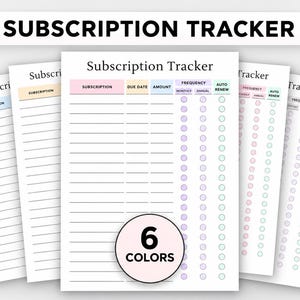 May include: A set of six subscription tracker sheets with a white background and black text. Each sheet features columns for subscription name, due date, amount, and frequency, with checkboxes for monthly, annual, and auto-renew options.