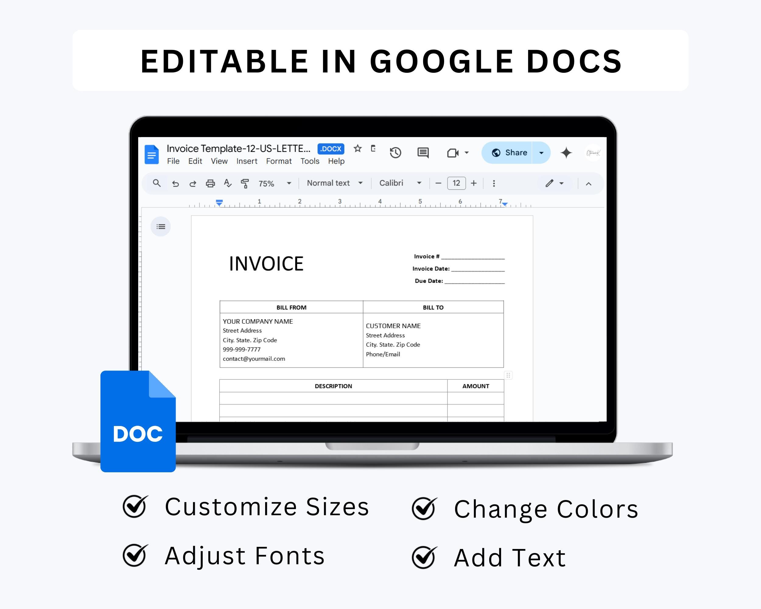 Editable Invoice Template: Professional Business Form (google Docs ...