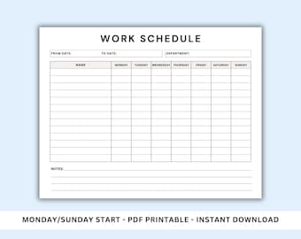 Employee Weekly Work Schedule Form Printable PDF. Instant Digital Download. Work schedule Template. Work Shift Schedule. Employee Time Sheet