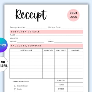 Editable Receipt Template. Printable Billing Template. Small Business Digital Receipt. Receipt Form. Customer Receipt. Canva Templates