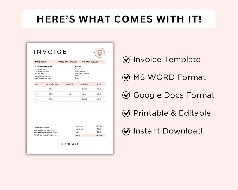 Editable Invoice Template, Business Billing Form, Custom Invoice Sheet ...