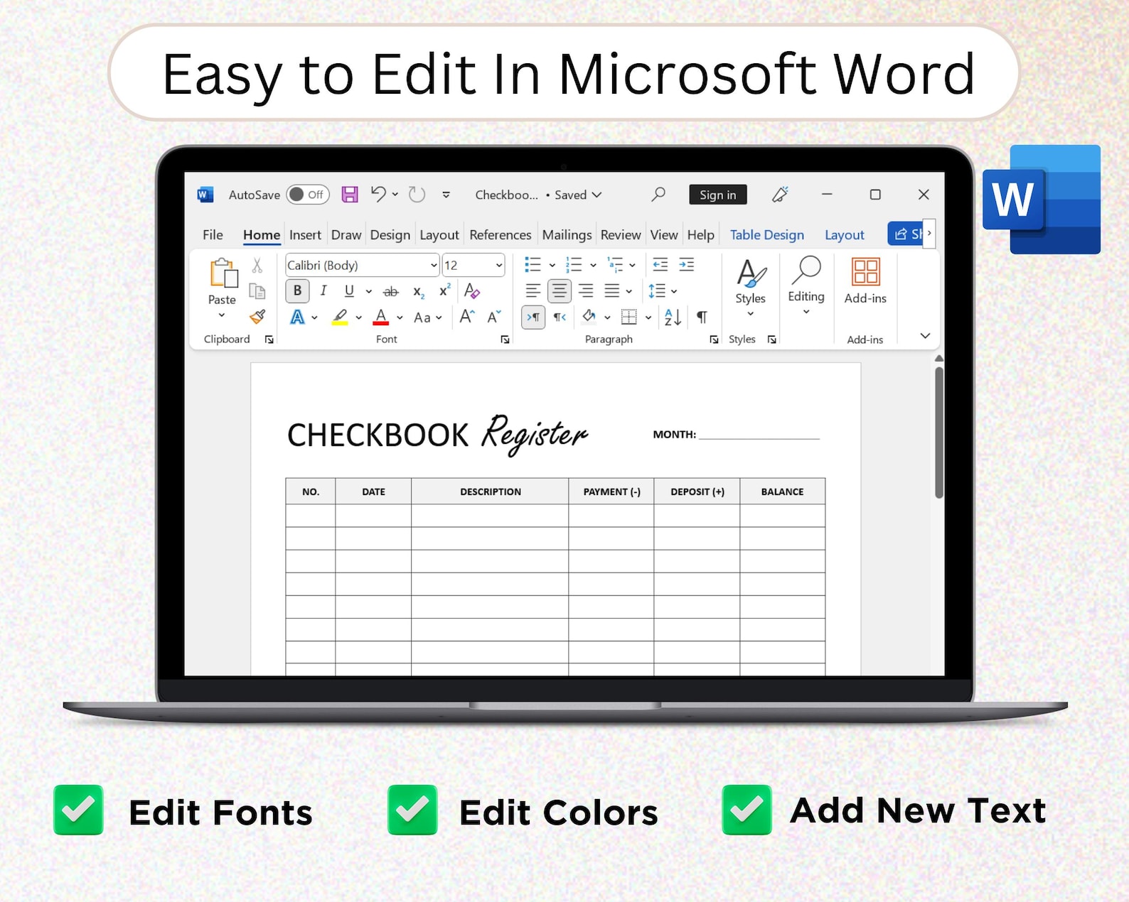 Checkbook Register Template, Bank Transaction Tracker, Editable Word ...