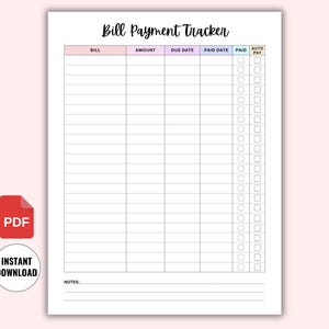 Bill Payment Checklist Printable PDF, Bill Payment Tracker, Bill Payment Log, Expense Tracker, Bill Planner, Monthly Bill Organizer Tracker