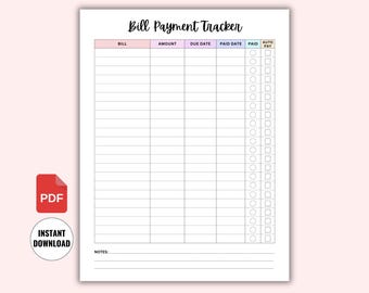 Monatlicher Bill Tracker zum Ausdrucken, Checkliste für Rechnungszahlungen, Bill Pay Organizer, monatliches Rechnungslog, Haushaltsplaner PDF