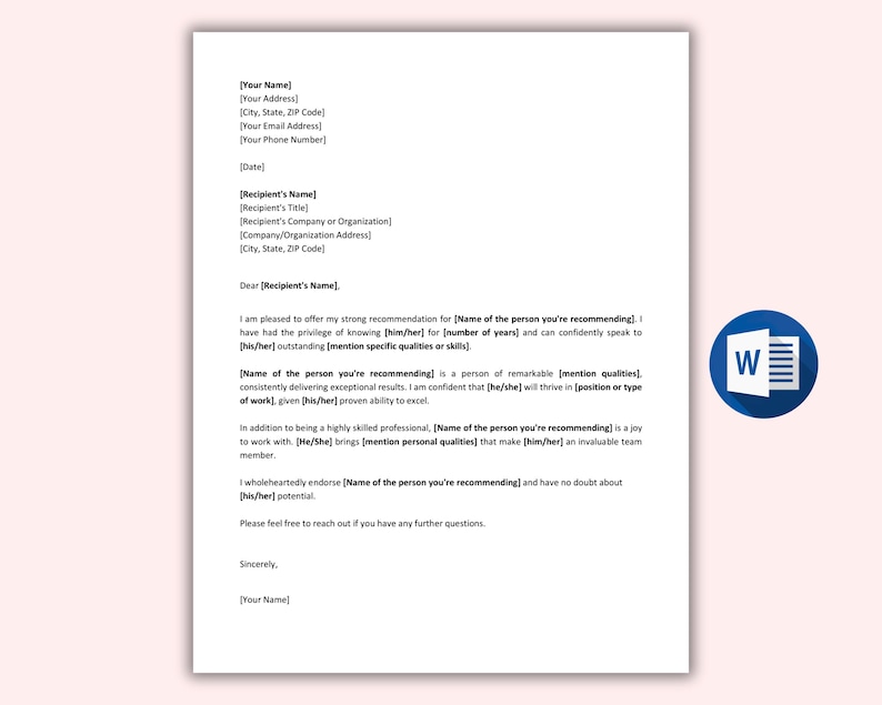 Personal Reference Letter Template Editable, Character Reference Letter ...
