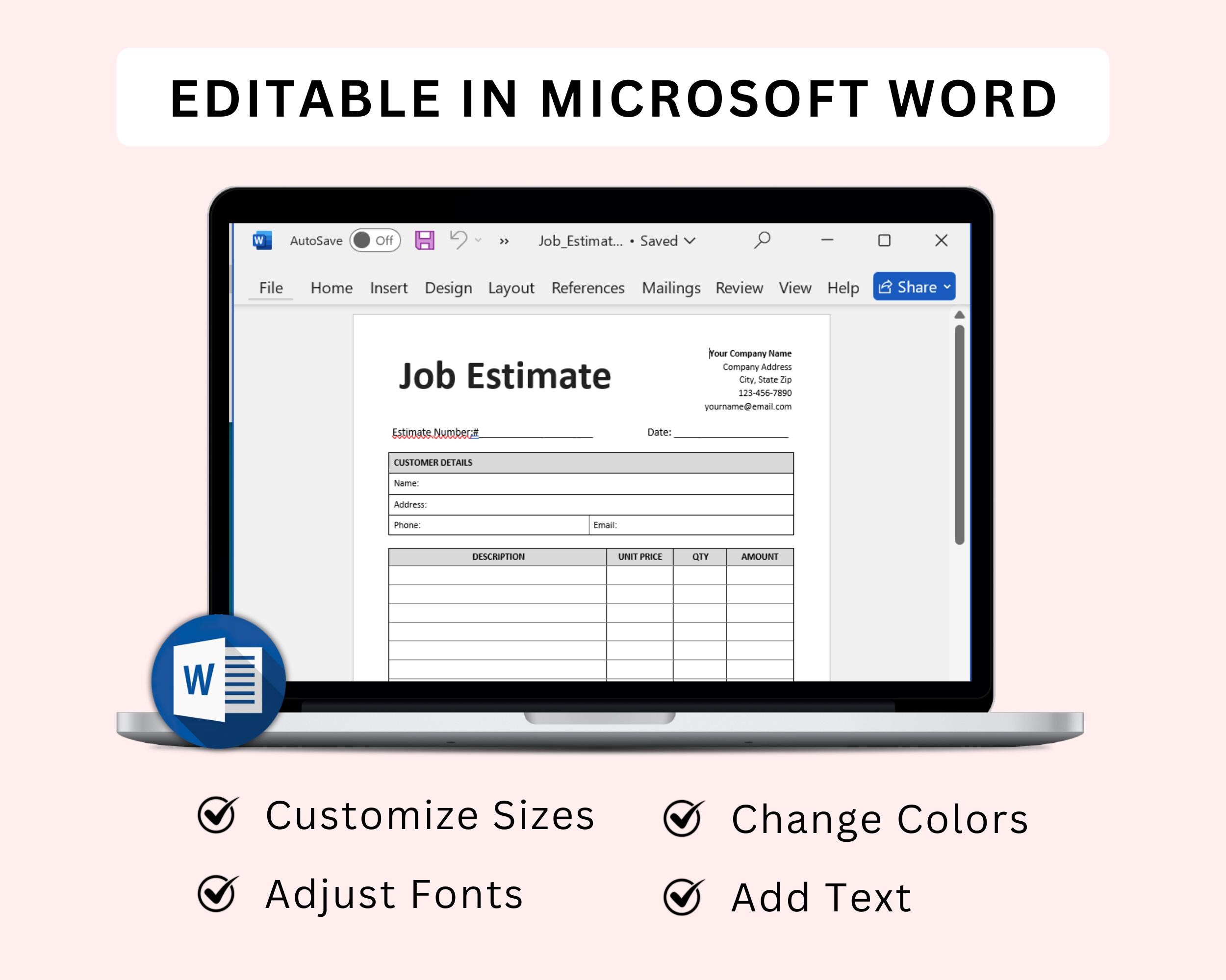 Job Estimate Template, Editable Work Estimate Form, Business Price ...