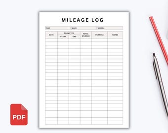Mileage Log Printable PDF, Work Trip Log, Odometer Tracker, Car Miles Record & Driving Log