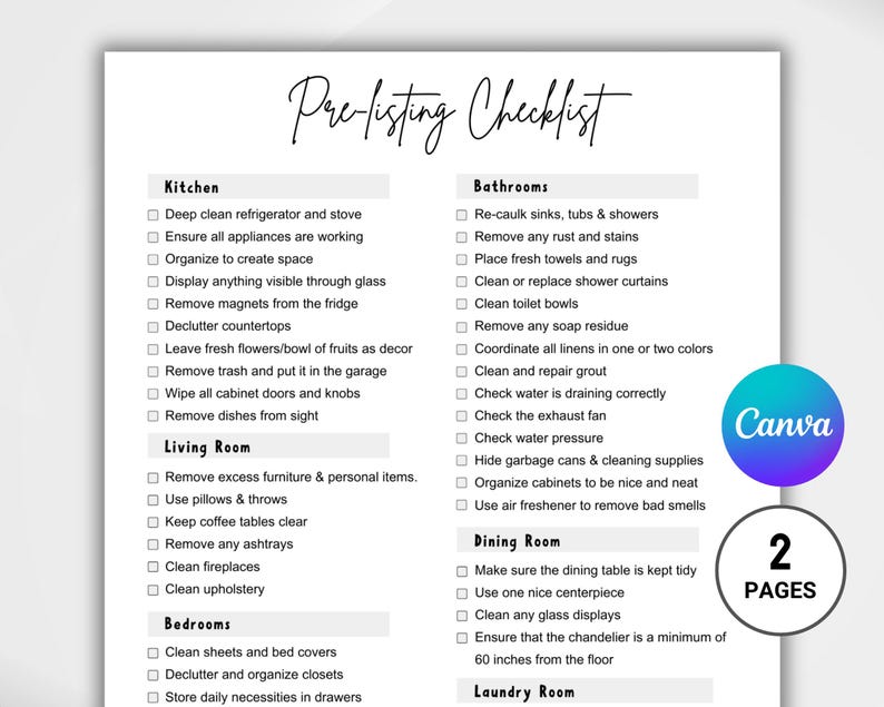 Pre-listing Checklist Templates. Home Seller Checklist. Real Estate Prelisting Template. Real ...