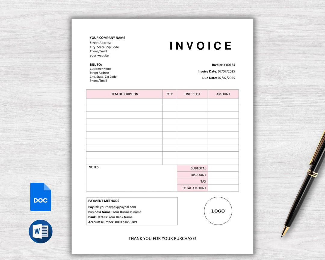 Invoice Template Word & Google Docs. Editable Business Invoice Form ...