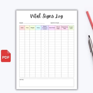 Logboek vitale functies. Afdrukbare grafiek van de vitale functies. Blad voor vitale functies. Verzorger-tracker. Bloedsuiker, bloeddruklogboek. Sjabloon vitale functies