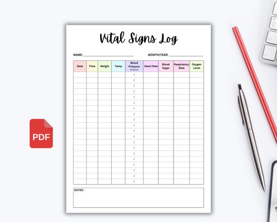 Vital Signs Log. Printable vital sign chart. Nursing vitals sheet. Caregiver tracker. Blood Sugar & Blood Pressure Log. Vital Signs Template