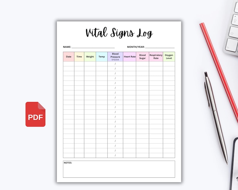 May include: A printable vital signs log with columns for date, time, weight, temperature, blood pressure, heart rate, blood sugar, respiratory rate, and oxygen level. The log has a space for name and month/year.