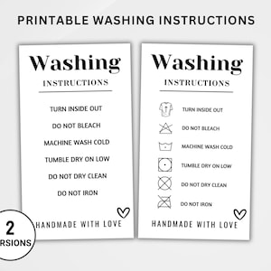 Printable Washing Instructions Card. Clothing Care Card. Shirt Packaging Insert. Washing Care Card. T-Shirt Care Instruction Cards PDF