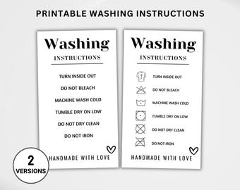 May include: Two printable washing instruction cards with black text on a white background. The left card has text instructions for washing, drying, and ironing. The right card has the same instructions but uses symbols instead of text. Both cards have the text "Handmade with Love" at the bottom.