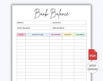 Puede incluir: Un rastreador de saldo bancario imprimible con secciones para mes, cuenta, saldo inicial, saldo final, fecha, descripción, retiro, depósito y saldo. La tabla tiene encabezados de colores pastel.