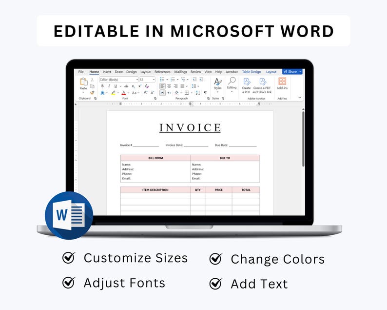 Editable Professional Invoice Template | Custom Business Billing Form ...