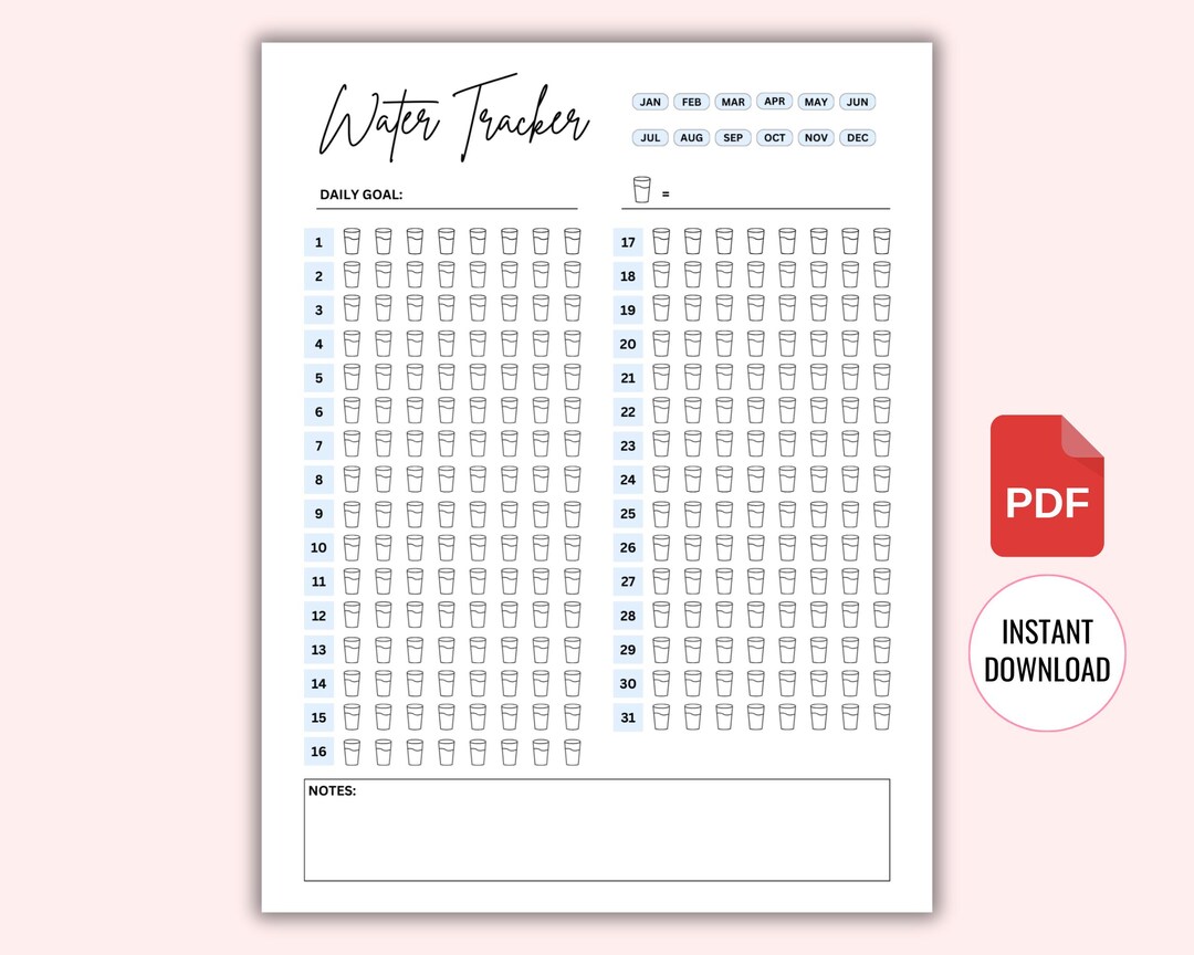 Water Log Printable PDF, Monthly Water Intake Tracker, Hydration ...