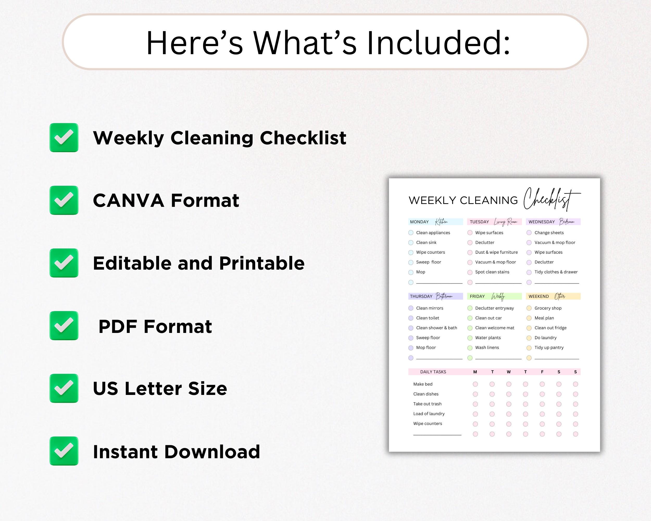 Editable Weekly Cleaning Checklist Canva | Printable House Chore ...