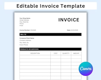 Minimalist invoice template, Small Business invoice editable, invoice template, Billing template, Invoice form, receipt, Printable, CANVA