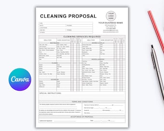 Modello di proposta per servizi di pulizia modificabile. Modulo di proposta per attività di pulizia. Proposta per servizi di pulizia commerciale. Modello Canva scaricabile immediatamente.