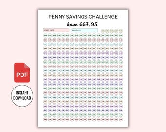 Op de afbeelding: Een spaarchallenge-diagram met de tekst "PENNY SAVINGS CHALLENGE" en "Save 667.95". De grafiek heeft talrijke genummerde cirkels en velden voor start- en einddata. Een PDF-pictogram en de tekst "INSTANT DOWNLOAD" zijn ook aanwezig.
