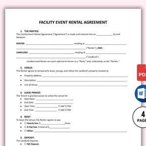 Puede incluir: Un formulario de contrato de alquiler de eventos de instalación imprimible en blanco y negro con el título "Facility Event Rental Agreement" en la parte superior. El formulario incluye secciones para las partes, el lugar, el período de arrendamiento, el alquiler y el depósito.