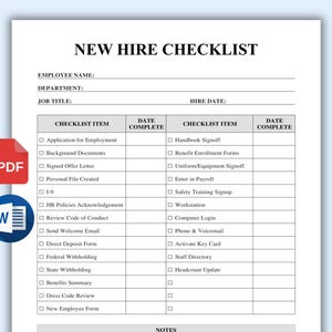 New Hire Checklist Template Printable Word, Employee Onboarding Checklist, HR New Employee Form, Hiring Checklist, Employee Information Form