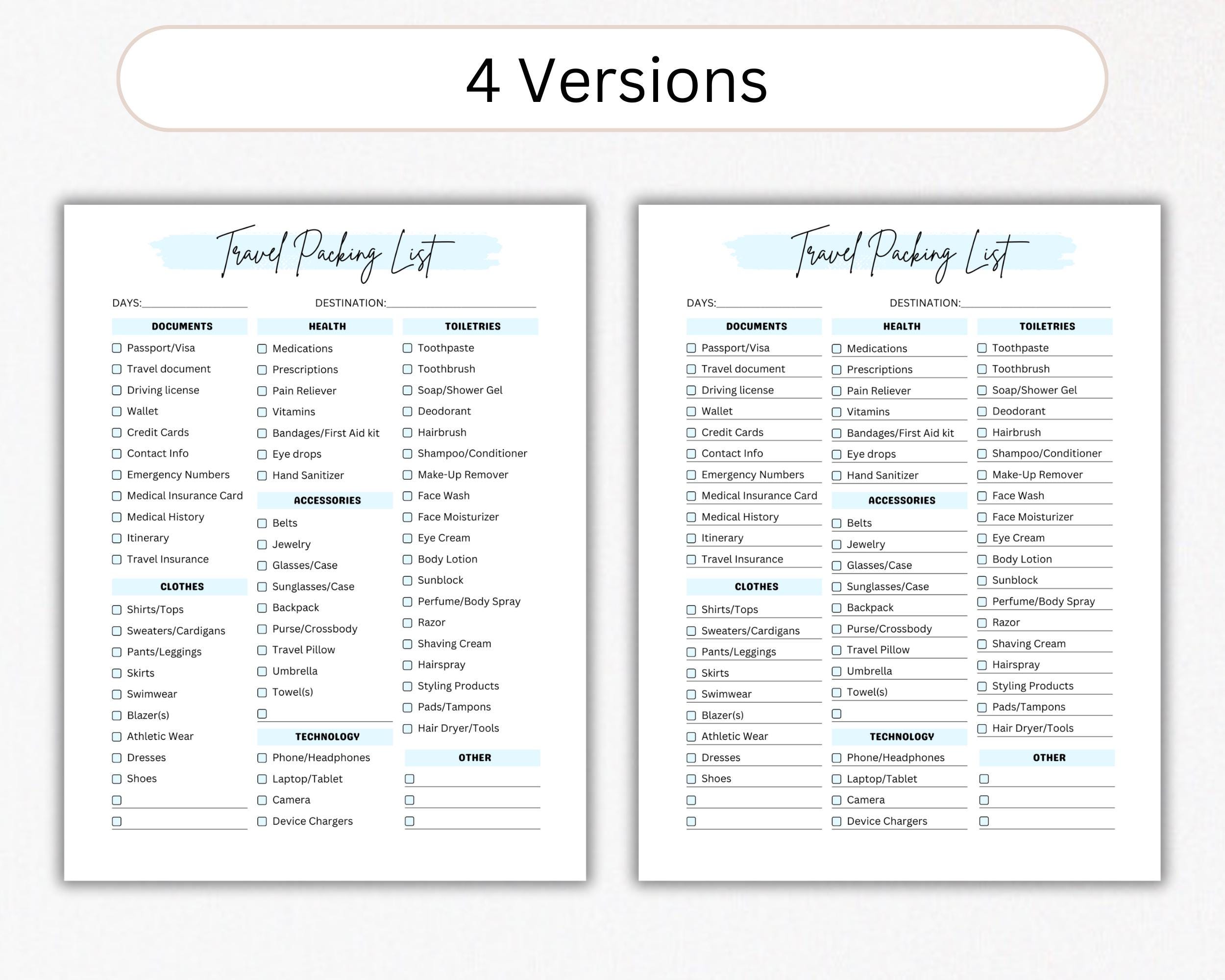 Editable Travel Packing List Canva | Printable Vacation Checklist for ...