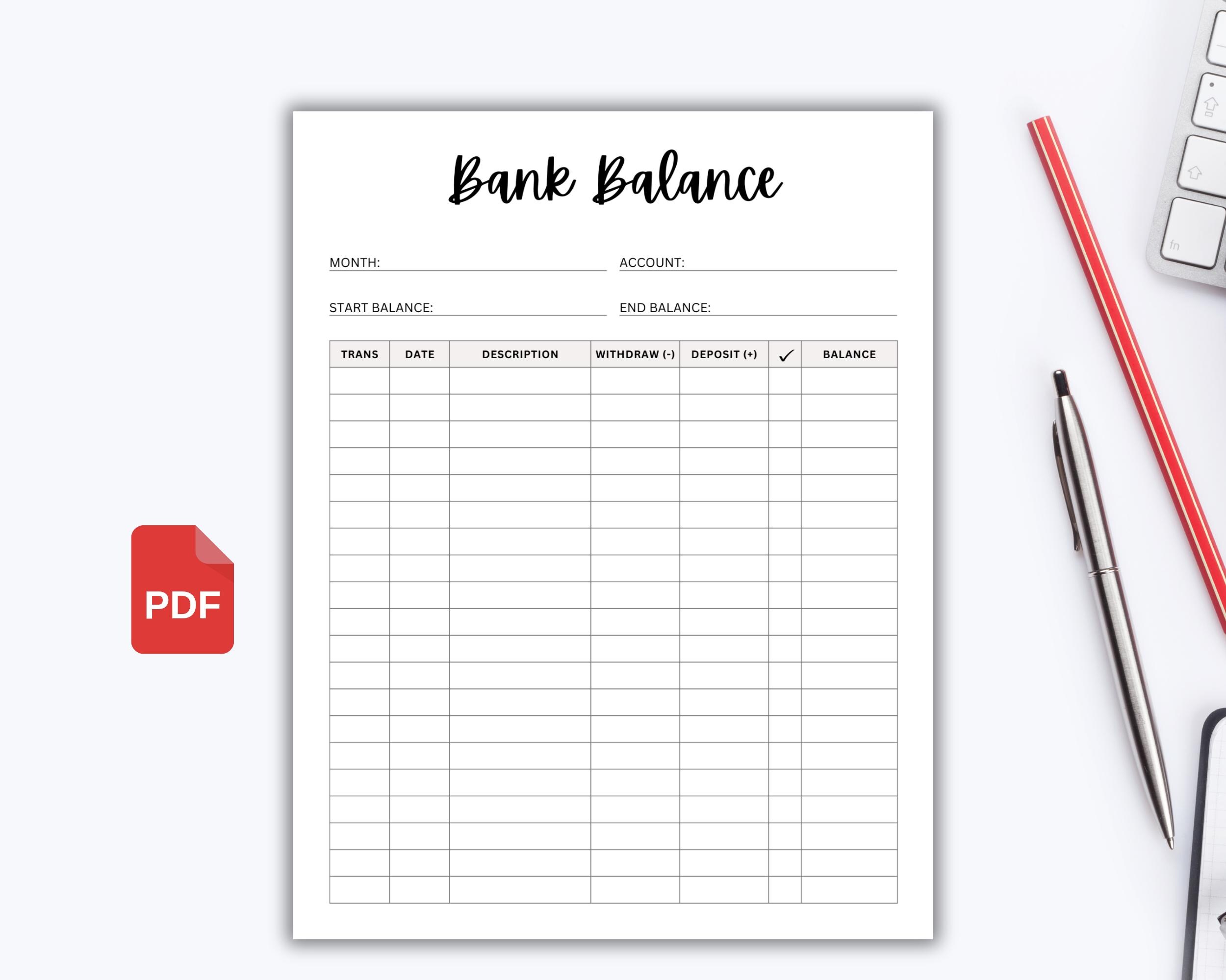 Bank Balance Printable, Account Tracker, Bank Account Log, Balance ...