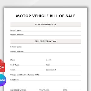 Editable Vehicle Bill of Sale PDF. Printable Motor Vehicle Sale Contract. Vehicle Bill of Sale Template. Bill of Sale Form Instant Download