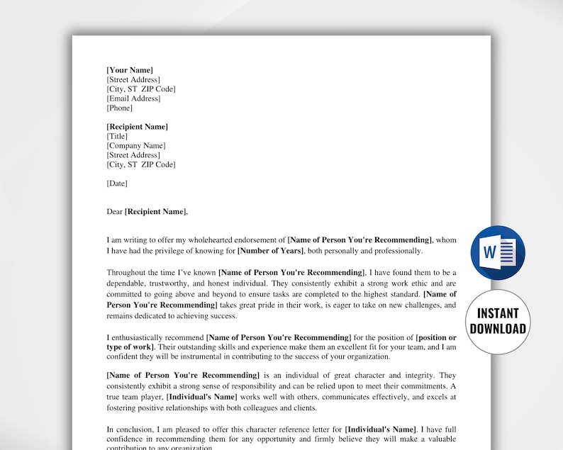 Professional Character Reference Letter Template, Character Reference ...