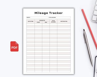 May include: A printable mileage tracker with columns for month, date, time, odometer start, odometer end, total mileage, and destination.