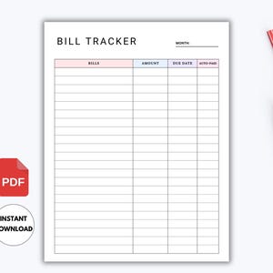 Könnte beinhalten: Ein weißes, druckbares Rechnungsverfolgungsprotokoll mit dem Titel "BILL TRACKER" oben. Der Tracker hat Spalten für Rechnungen, Betrag, Fälligkeitsdatum und automatische Zahlung. Ein rotes PDF-Symbol und der Text "SOFORT-DOWNLOAD" sind sichtbar.