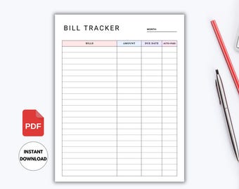 Monthly Bill Tracker Printable, Bill Payment Tracker, Bill Payment Checklist, Bill Log, Expense Tracker, Bill Planner, Instant Download PDF