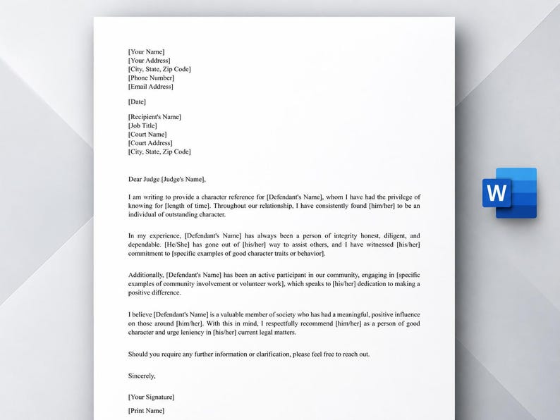 Editable Good Character Letter for Court Template: Printable Personal Reference Letter. MS Word ...