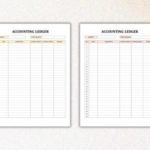 May include: Two blank accounting ledger pages with columns for month, date, description, income/credit, expense/debit, and balance. Each page has 30 rows.