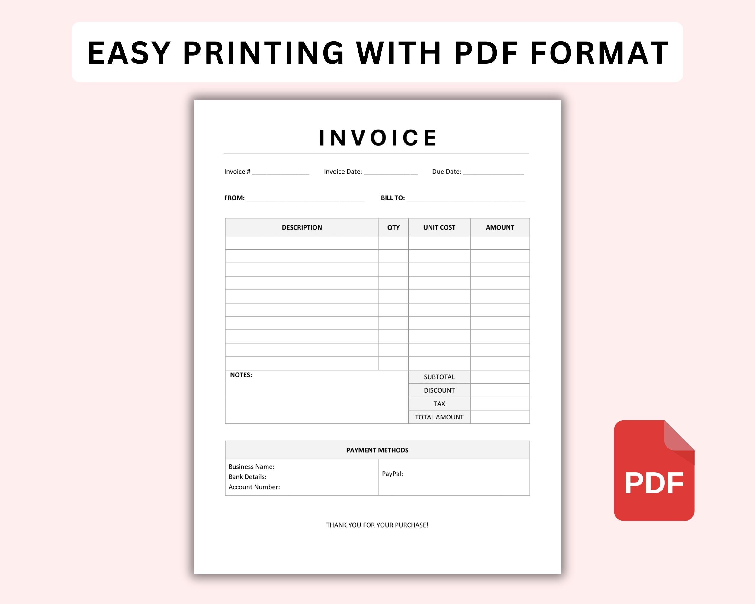 Editable Invoice Template for Small Business, Printable Billing ...