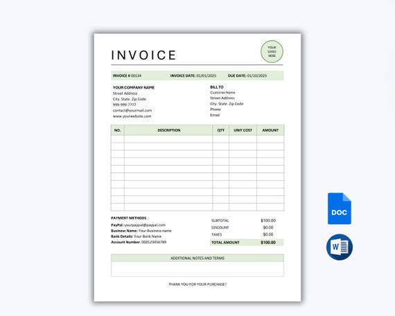 Editable Invoice Template Word & Google Docs. Printable Billing Template. Business Invoice Form. Custom Invoice Template. Instant Download