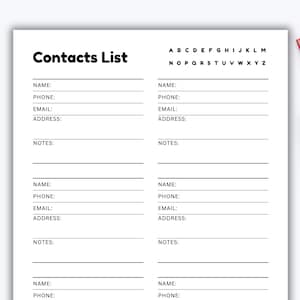 Contact List Planner Printable, Address List Log, Phone List, Contact Organizer, Contact Information, Contact List Sheet Templates PDF