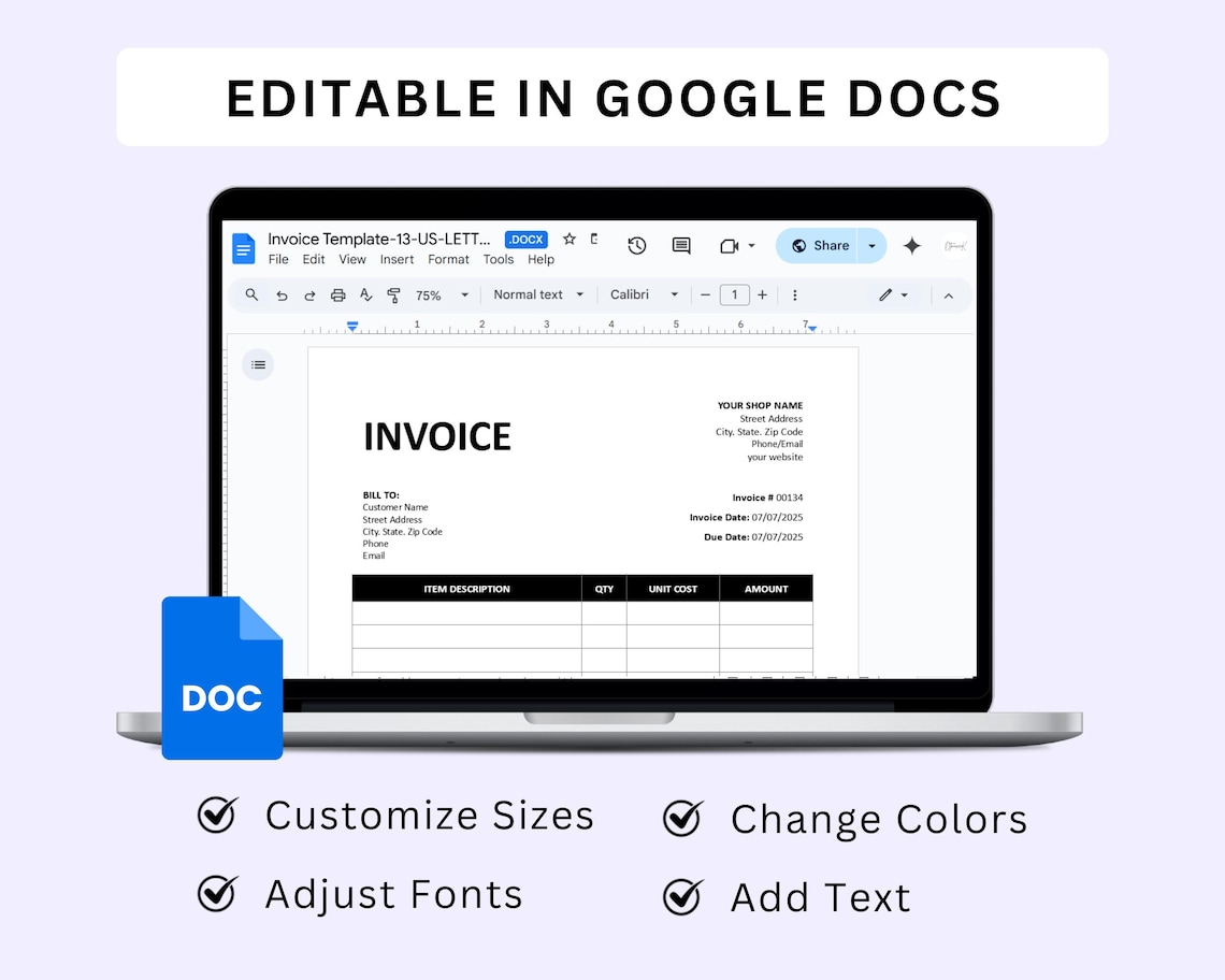 Editable Invoice Template, Printable Microsoft Word Invoice (A4 & US ...