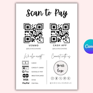Scan To Pay-Vorlage, bearbeitbares Canva Qr-Code-Zeichen für kleine Unternehmen, Paypal-Zahlungszeichen, Venmo-Zeichen, Business Scan To Pay-Zeichen zum Ausdrucken