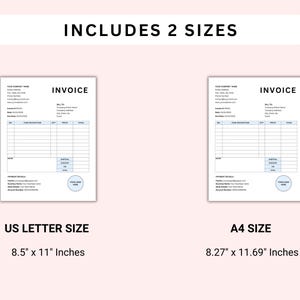May include: Two invoice templates, one in US Letter size (8.5" x 11") and one in A4 size (8.27" x 11.69"). Both templates have a blue and white color scheme and include space for company information, invoice details, and payment information.