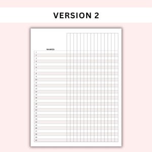 May include: A printable checklist with the word "NAMES" at the top. The checklist has 30 numbered lines and a grid of 20 columns.