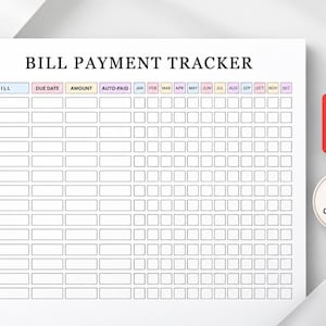 May include: A white bill payment tracker sheet with black text and grid lines. The header reads BILL PAYMENT TRACKER with columns for Bill, Due Date, Amount, Auto-Paid, and months Jan through Dec. Includes a red PDF icon and a 6 COLORS badge.