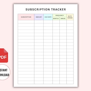 Monthly Subscription Tracker Printable, Subscription Log, Expense Tracker, Membership Tracking,  Subscription Checklist Instant Download PDF